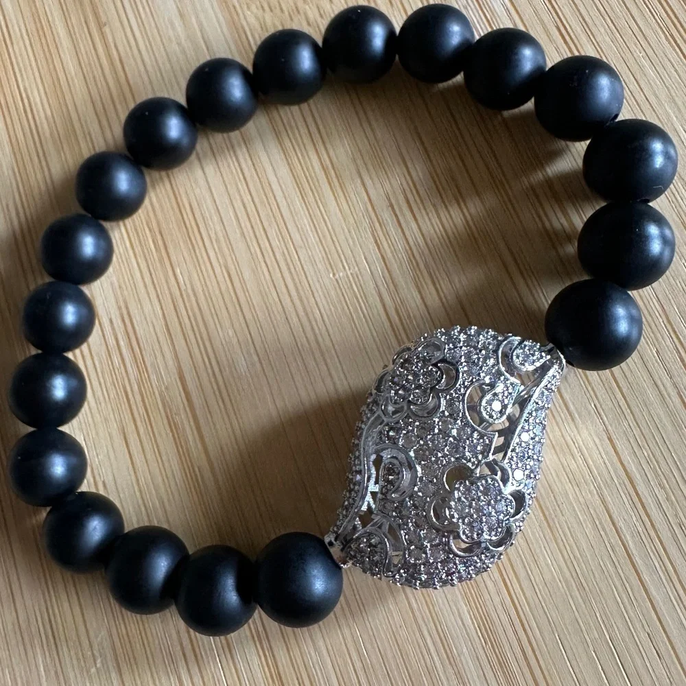Matte 8mm Onyx Stretch Bracelet w/ Silver Pave Crystal Filigree Spacer